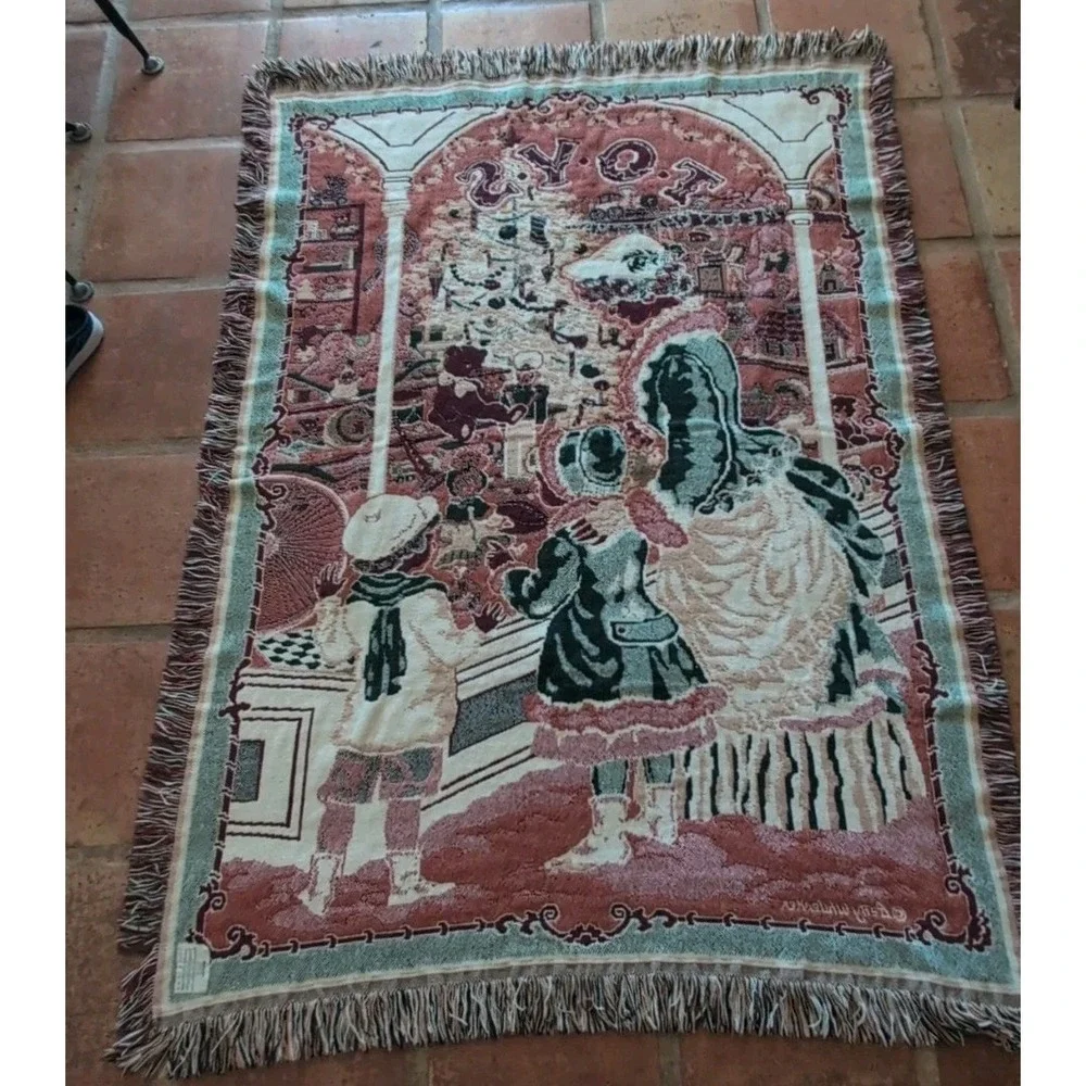 Fieldcrest Antique Toy Shop Throw Blanket Holiday Christmas Santa Tapestry